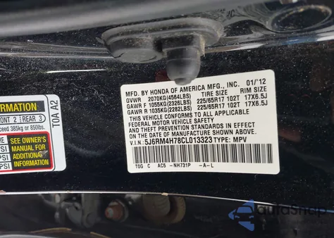 2012 Honda Cr-V Ex-L from USA, damaged, VIN 5J6RM4H78CL013323